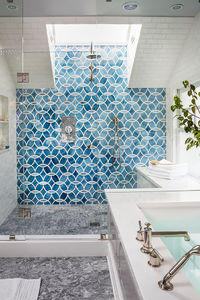 Geometric Blue Walk-in Shower - Massucco Warner Miller Interior Design