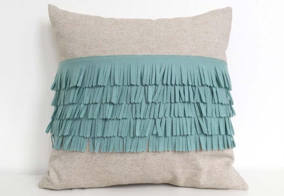 Felt Fringe Pillow in Seafoam Turquoise and Oatmeal Cotton-Linen - Cheeky Monkey Home