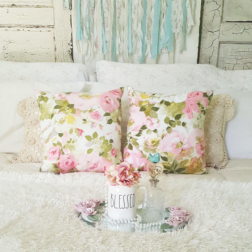 Pink Flowers - 16in x 16in - Shabby Chic Cottage Style Pillows by VictorianStation
