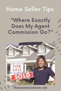 Real estate agent standing with sold sign in front of home and words "Where Exactly Does My Agent Commission Go?"