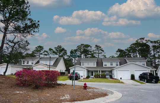 Example two-story townhomes in Winds Ridge and pink azaleas