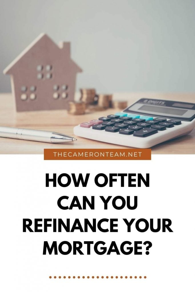 Calculator, coins, pen, and wooden house with "How Often Can You Refinance Your Mortgage?"