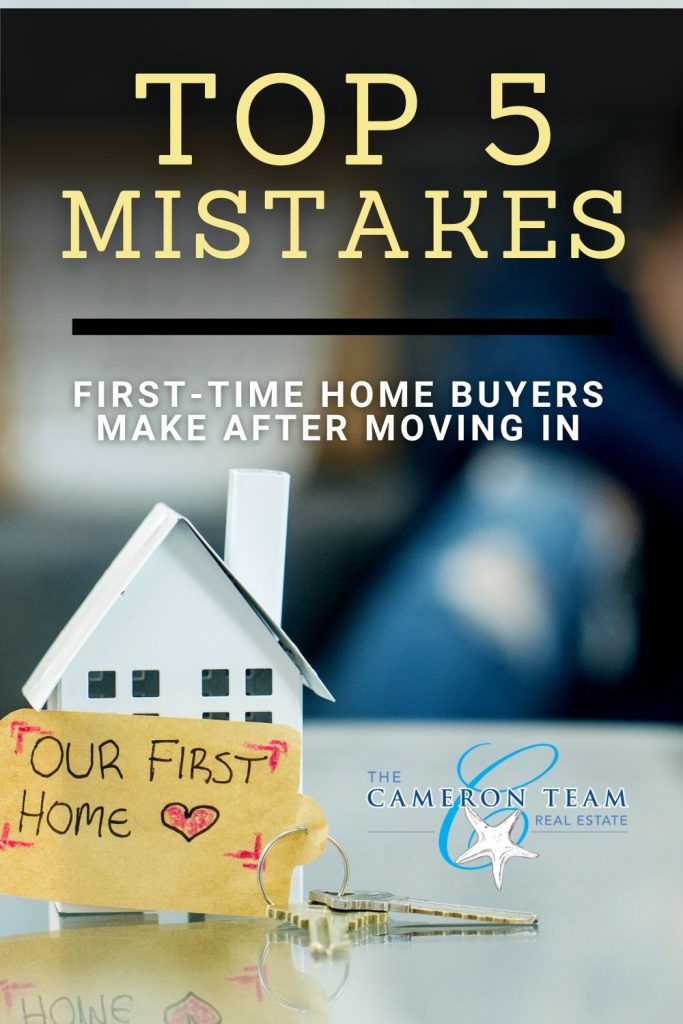 Toy House with "Our First Home" and "The Top 5 Mistakes First-Time Home Buyers Make After Moving In"