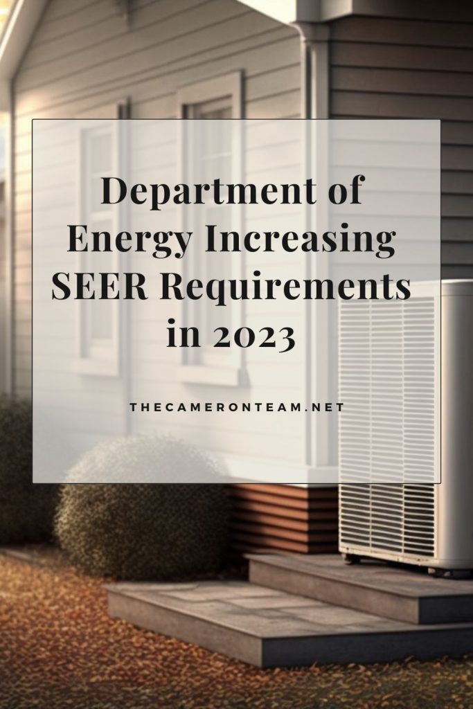 "Department of Energy Increasing "SEER Requirements in 2023" over the main picture of an HVAC unit outside a home.