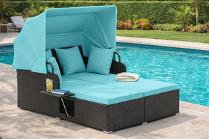 Tangkula Patio Rattan Daybed with Retractable Canopy