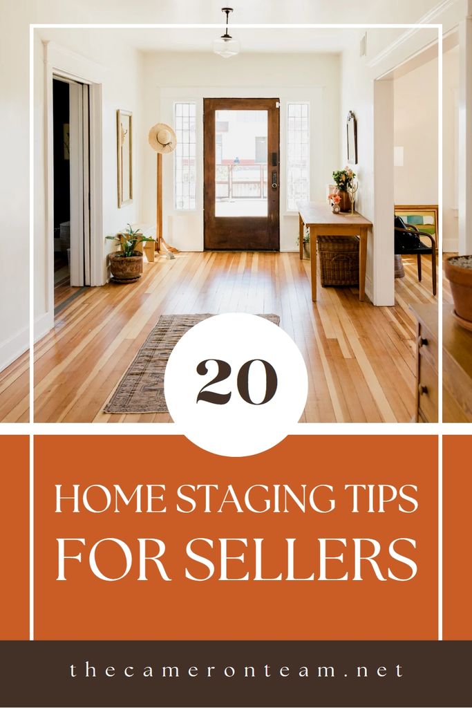 "20 Home Staging Tips For Sellers" and a picture of a foyer.