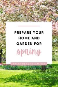 "Prepare Your Home and Garden for the Spring" with a flowering tree in background.
