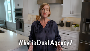 "What is Dual Agency" over Melanie Cameron standing in a kitchen.