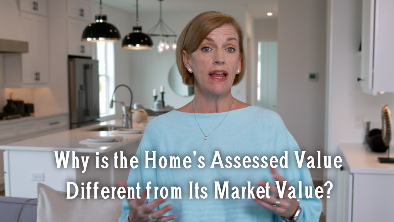 "Why is the Home's Assessed Value Different from Its Market Value?" and Melanie Cameron standing in a kitchen.