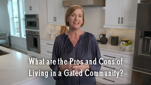 "What are the Pros and Cons of Living in a Gated Community" and Melanie Cameron standing in a kitchen.