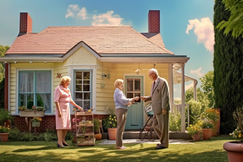 A Man Handing a Woman a Card Outside of a House