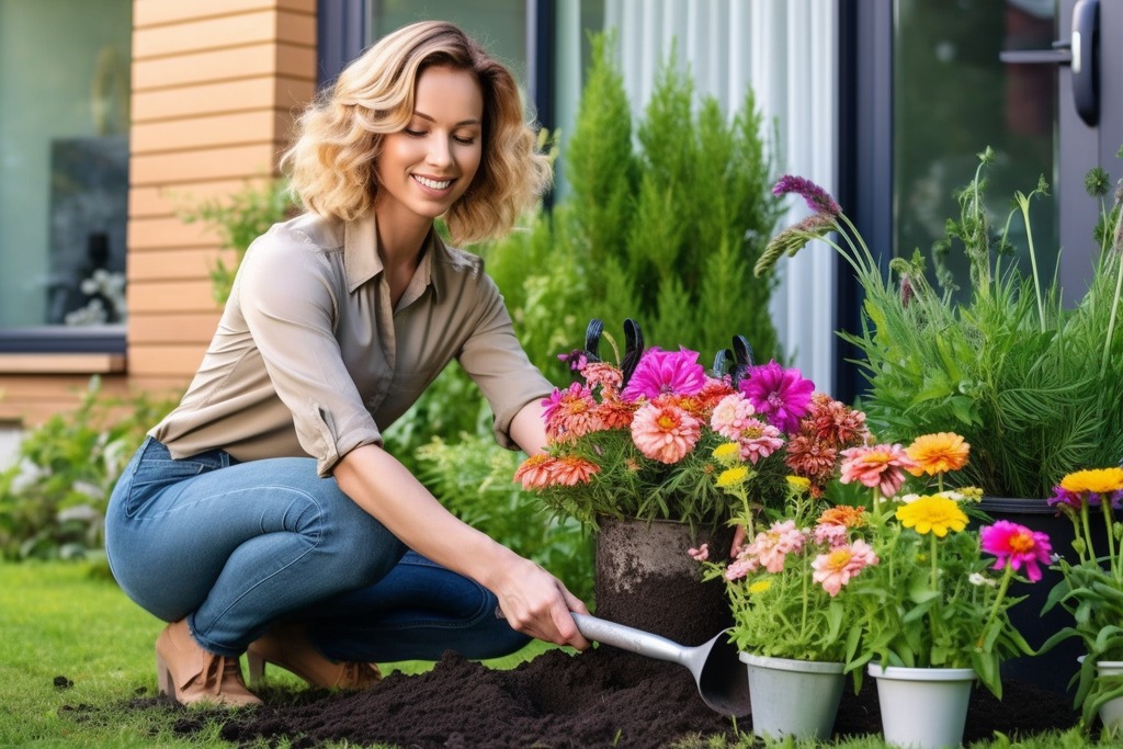 A Woman Planting Zinnias Outside Her Home