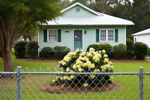 Cottage Home with Carolina Jessamine and Chain Link Fence in Front