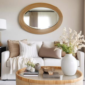 Neutral Living Room with a white couch and gold oval mirror.