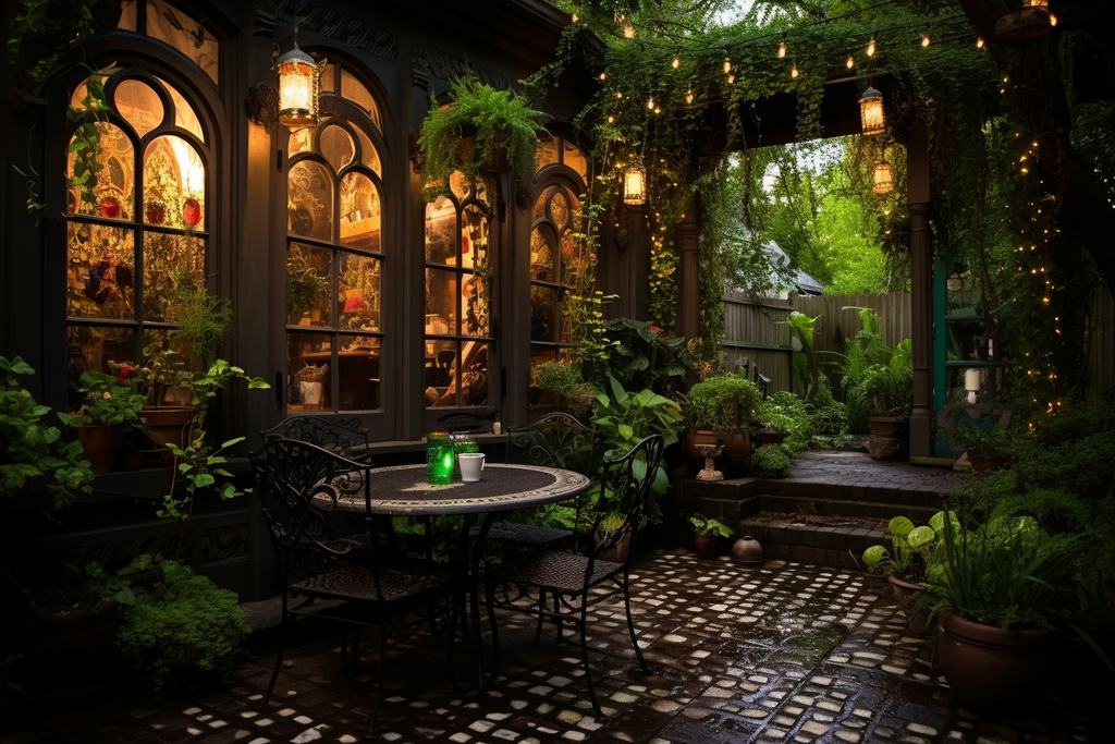 Whimsigothic Garden with wrought iron furniture, lanterns, and green plants