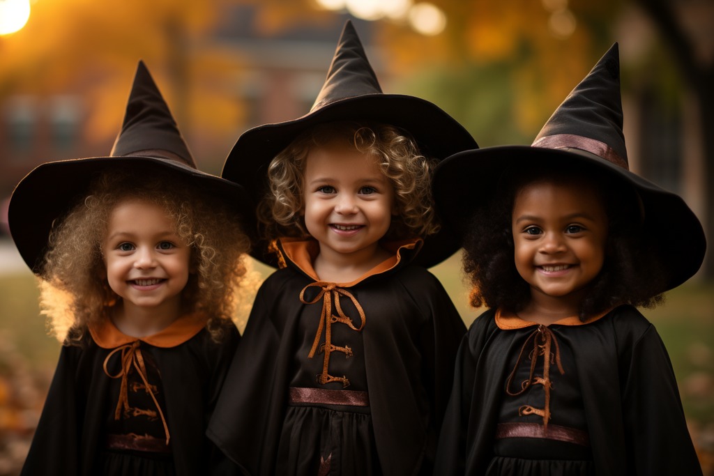 3 Trick-or-Treaters Dressed as Witches