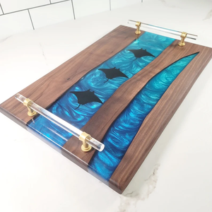 Coastal Wood ILM - Walnut Blue and Teal Epoxy River with Manta Ray Charcuterie Board