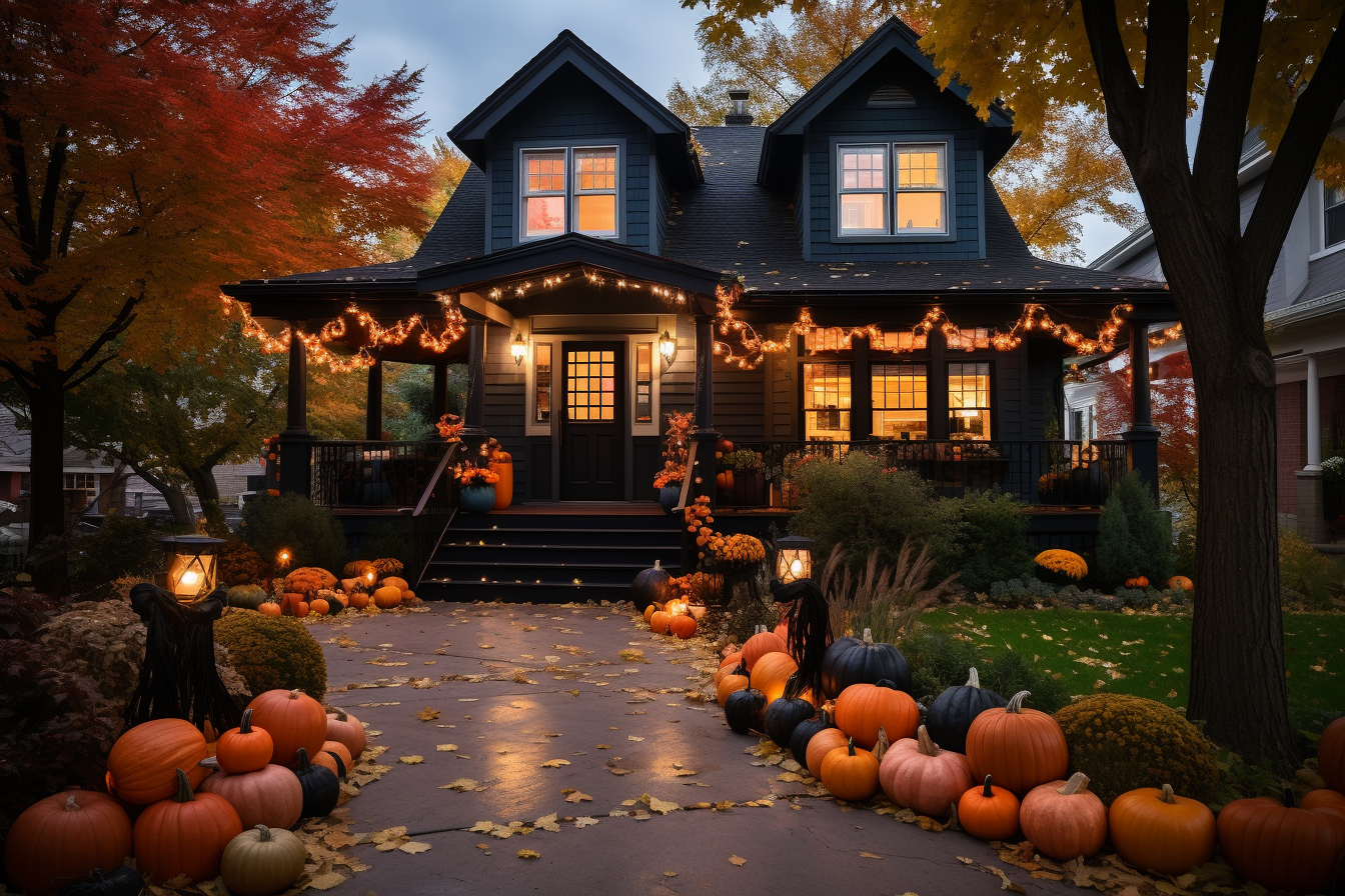 Home Decorated for Halloween with Orange Lights and Lots of Pumpkins