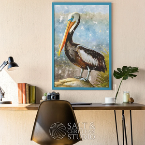 Salt and Cerulean - Pelican by the Shore Gouache Art Print