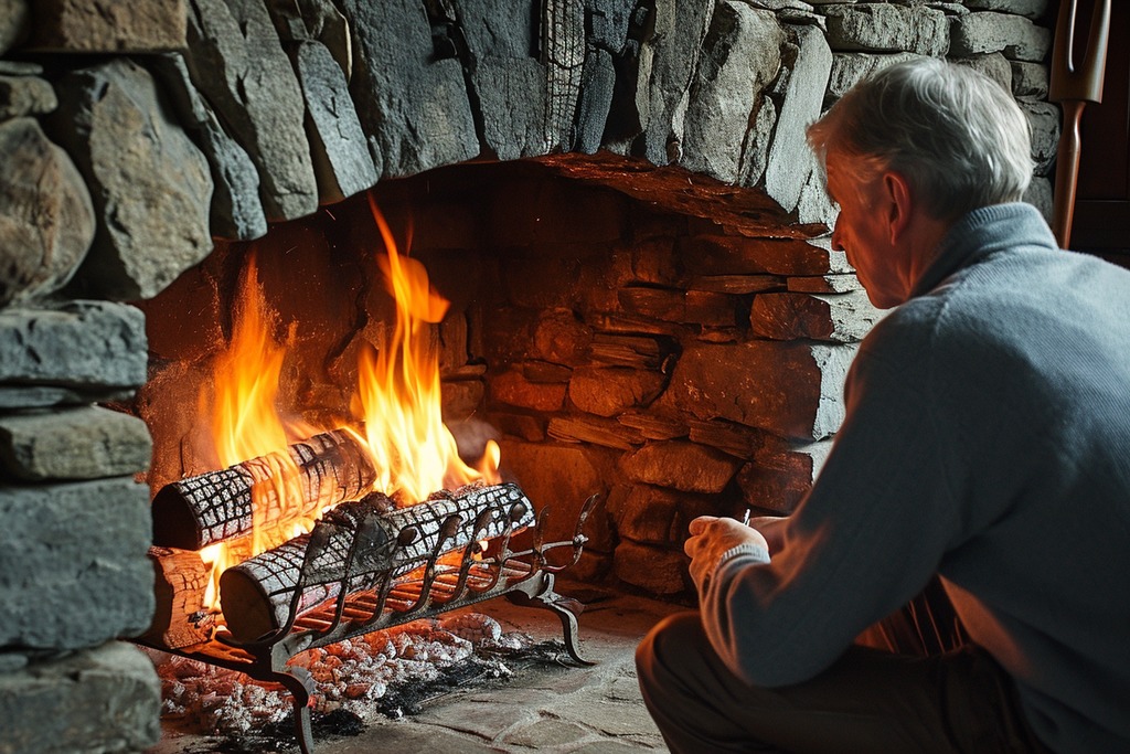 A Man Inspecting a Fireplace