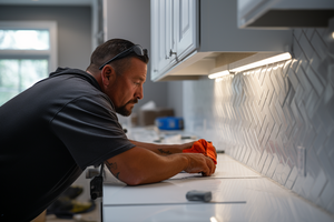 A Man Installing Tile in a Kitchen