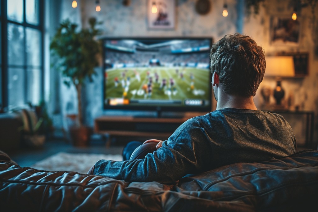 A Man Sitting on a Couch Watching a Football Game