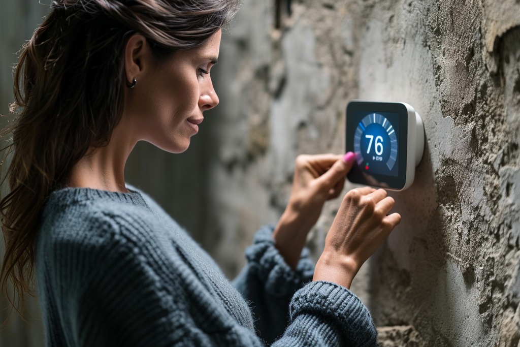 A Woman Adjusting the Temperature on a Smart Thermostat