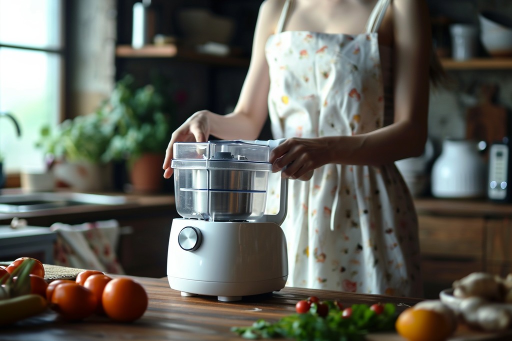 A Woman Holding a Food Processor