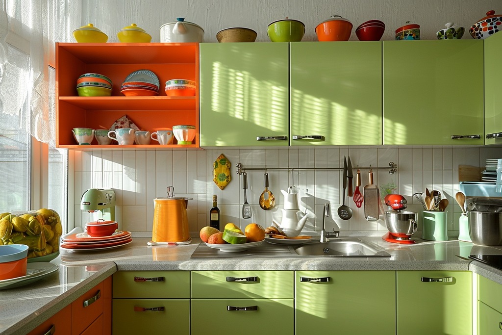 Dopamine Home Decor - Orange and Lime Green Kitchen Cabinets