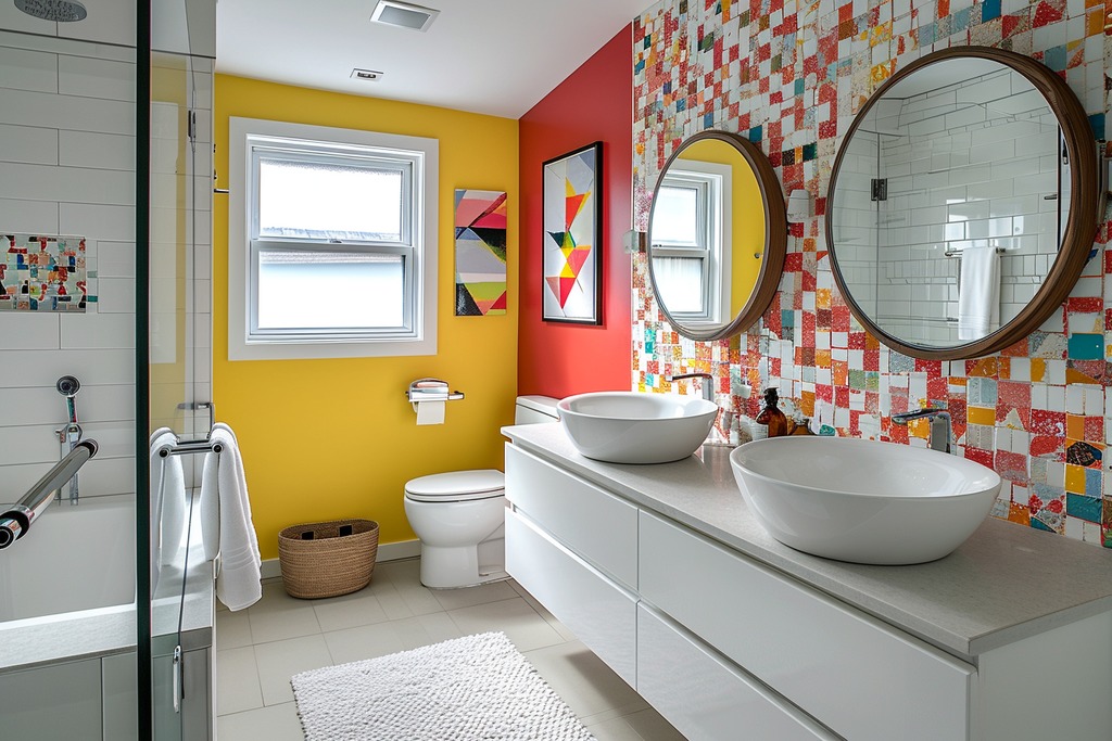 Dopamine Home Decor - Recycled Tile and Geometric Art in Bathroom