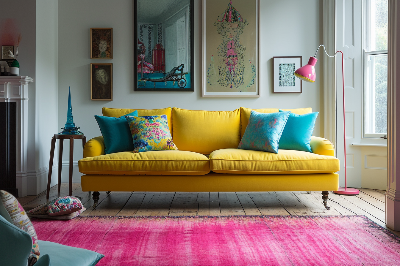 Dopamine Home Decor - Yellow Sofa and Pink Rug in Living Room