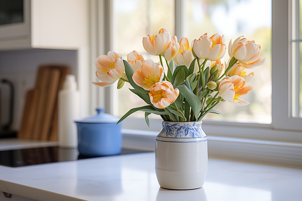 Flowers in a Vase on a Kitchen Counter