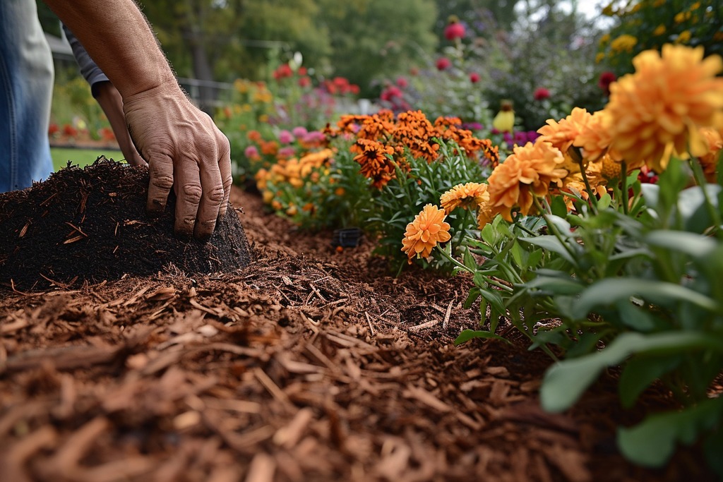 Laying Mulch in a Flower Bed