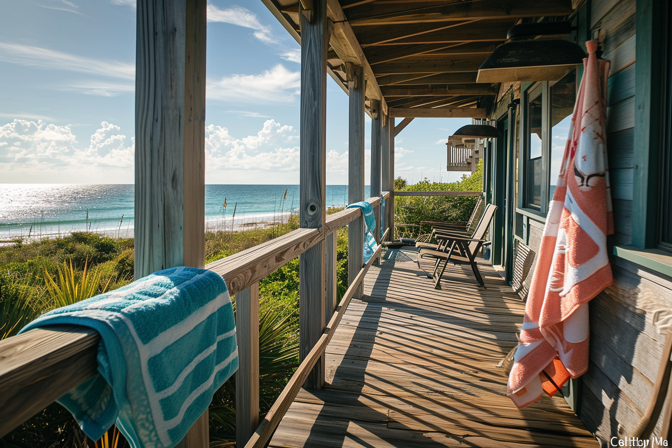 Towels Drying on the Railing of a Beach Home