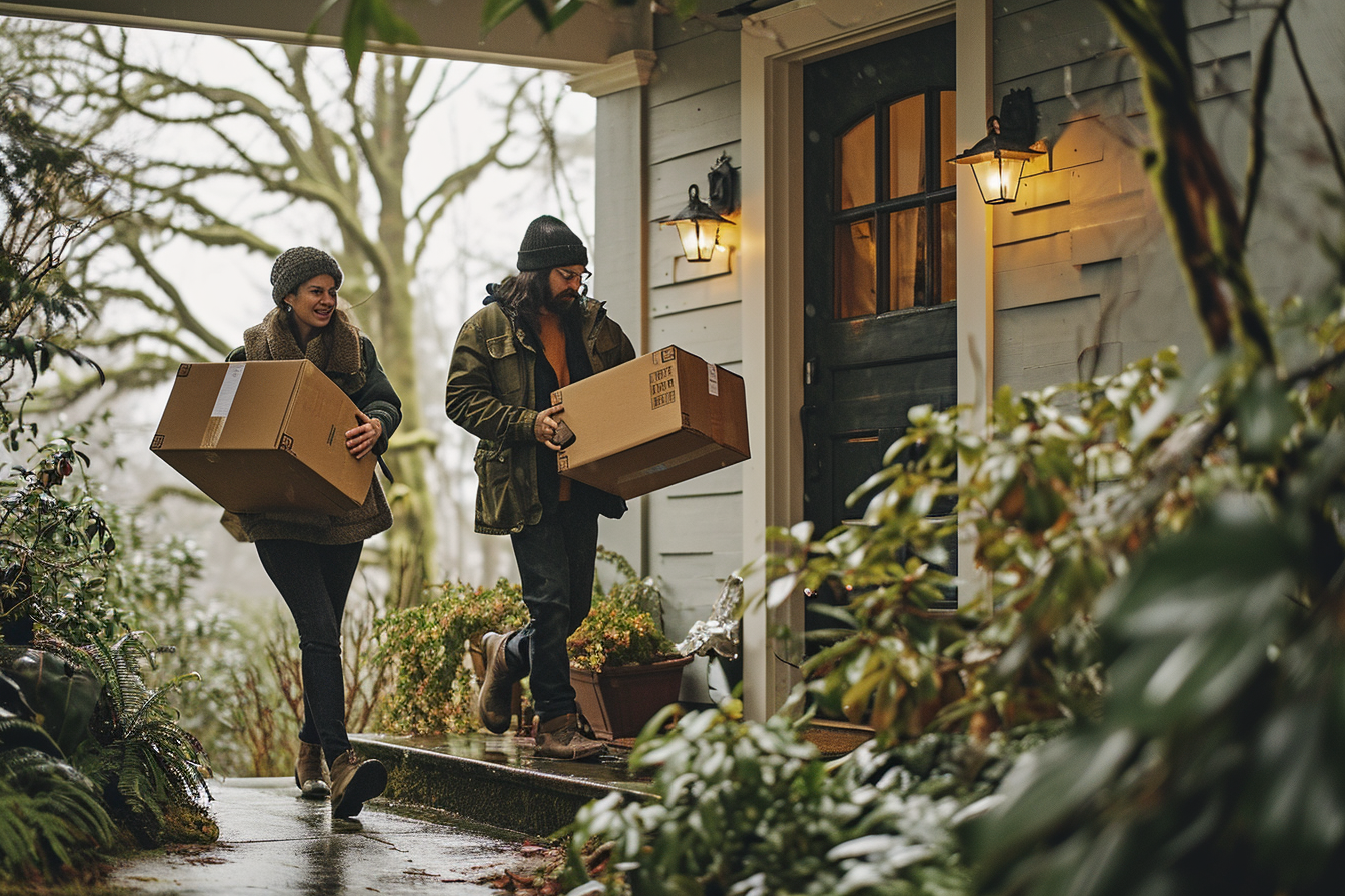 Two People Carrying Moving Boxes into a Rental Home