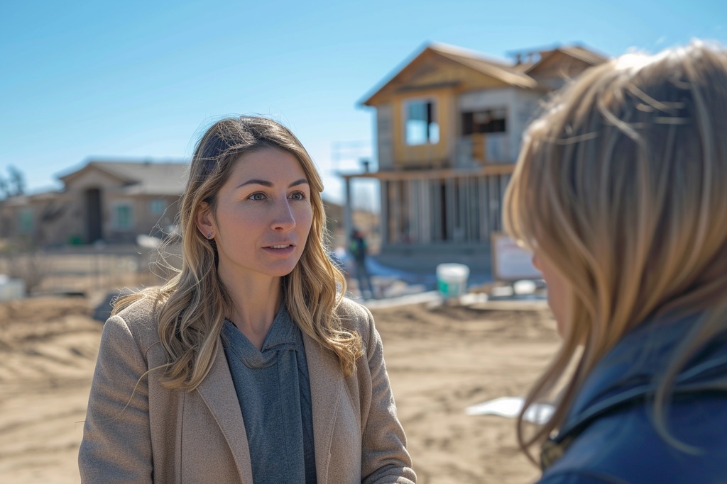 A Female Real Estate Agent Talking to a Home Buyer in Front of New Construction