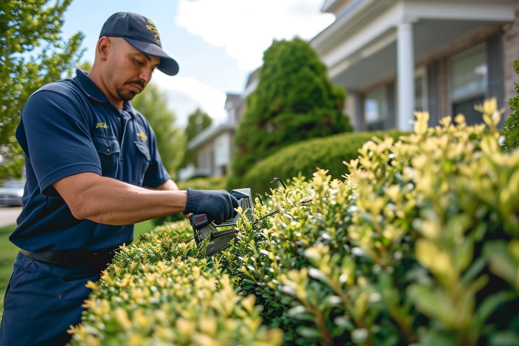 A Man Trimming the Front Bushes of a Home