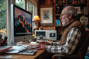 A Man Using a Computer in His Home Office