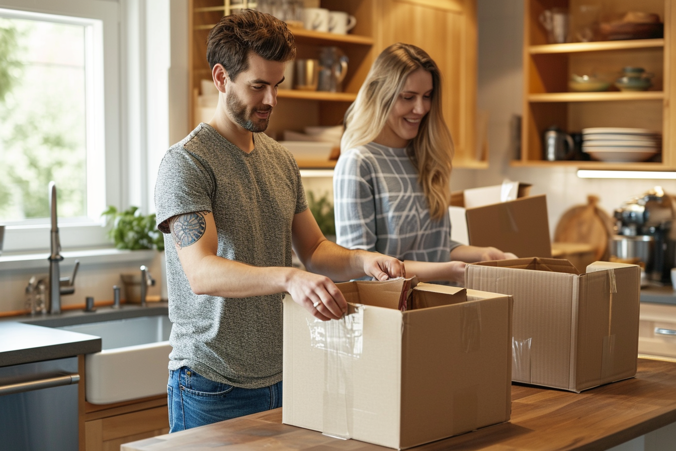 A Man and Woman Packing Moving Boxes in a Kitchen