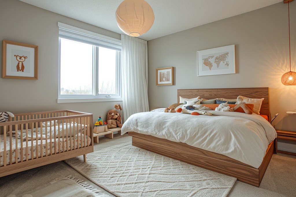 A Primary Bedroom with a Queen-Sized Bed and a Toddler-Sized Bed