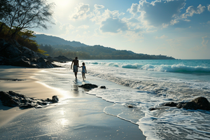 An Older Brother Walking with His Younger Sister on the Beach