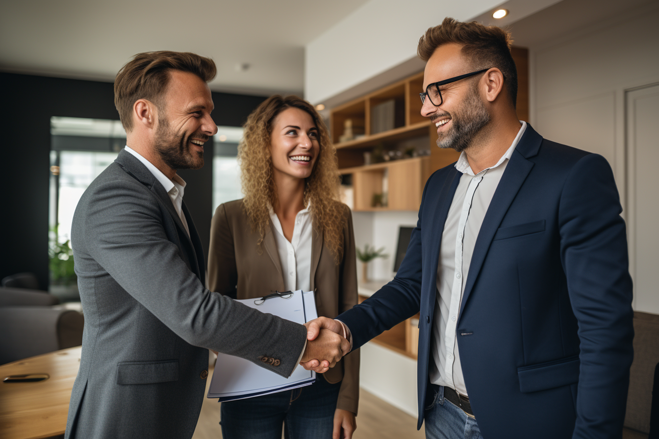 Happy Home Buyers Shaking Hands with Their Mortgage Broker