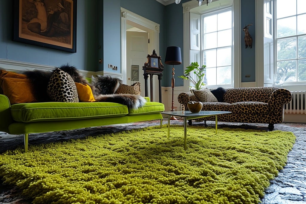 Lime Green Shag Carpet and Leopard Print Sofa