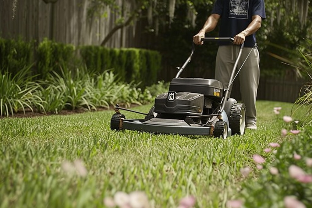 A Man Mowing a Lawn with a Push Mower
