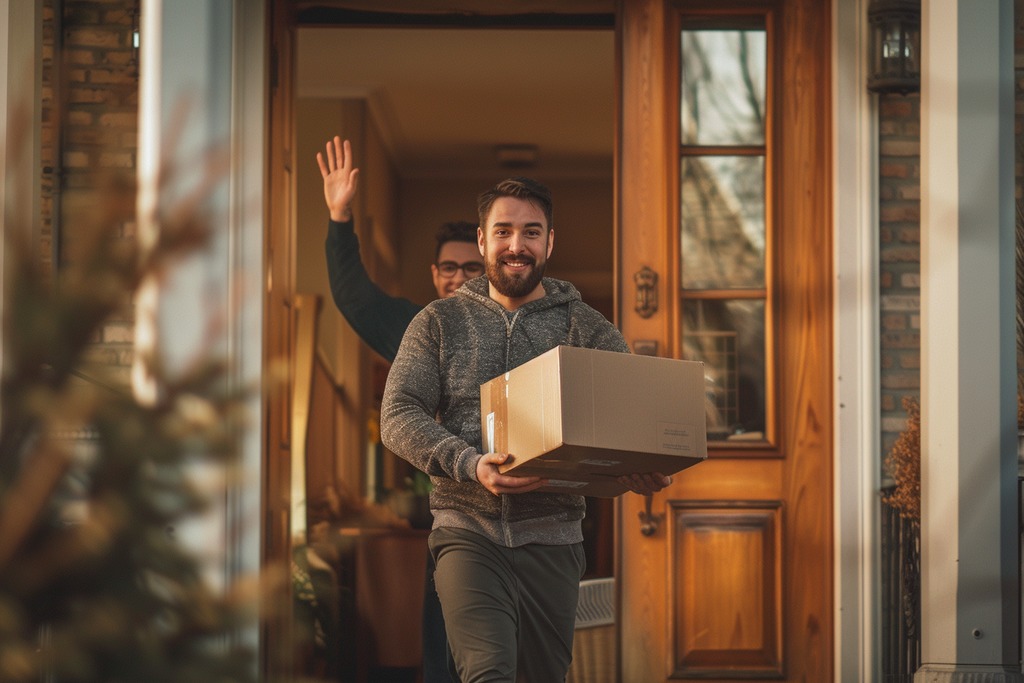 A Man Waves to His Friend as He Carries a Box Out of a House