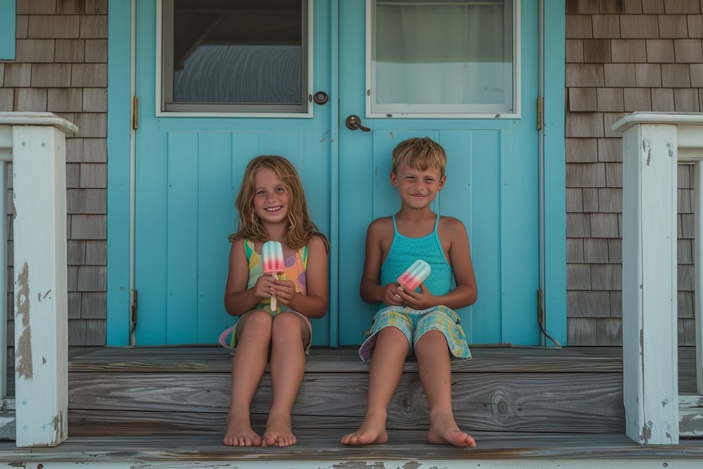 Kids Eating Popsicles Outside of a Beach Home