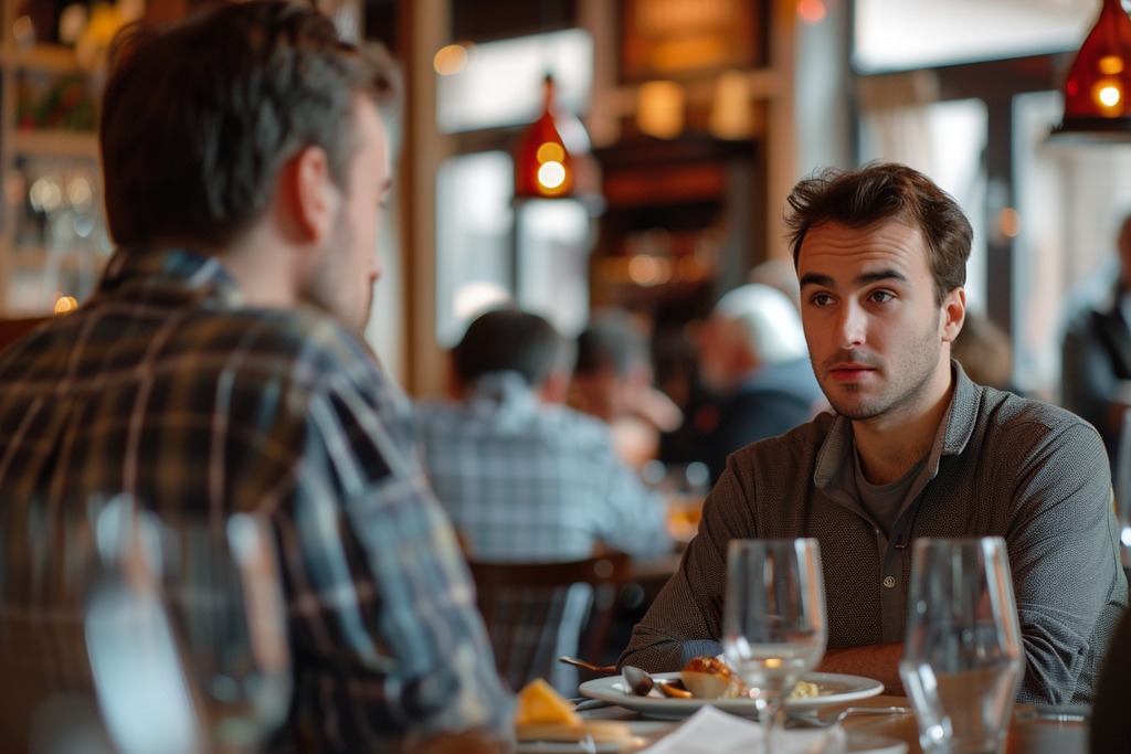 Two Men Having a Tough Conversation Over a Meal