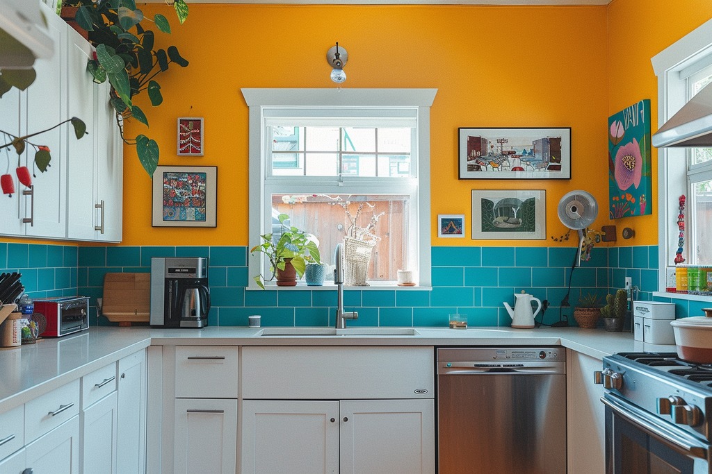 Brightly Colored Kitchen with Funky Art on the Walls
