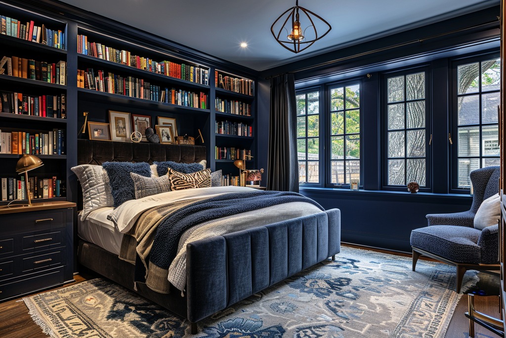 Comfy Cocoon Bedroom with Bookshelves