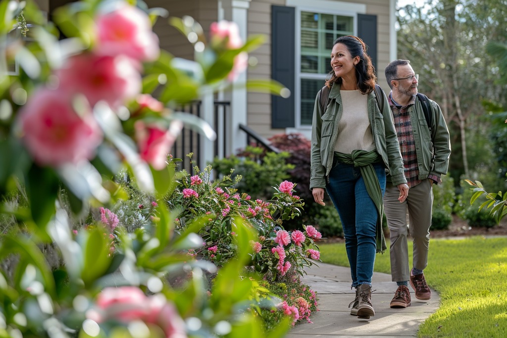 Home Buyers Walking Up to a Home Where Camellia's are Blooming